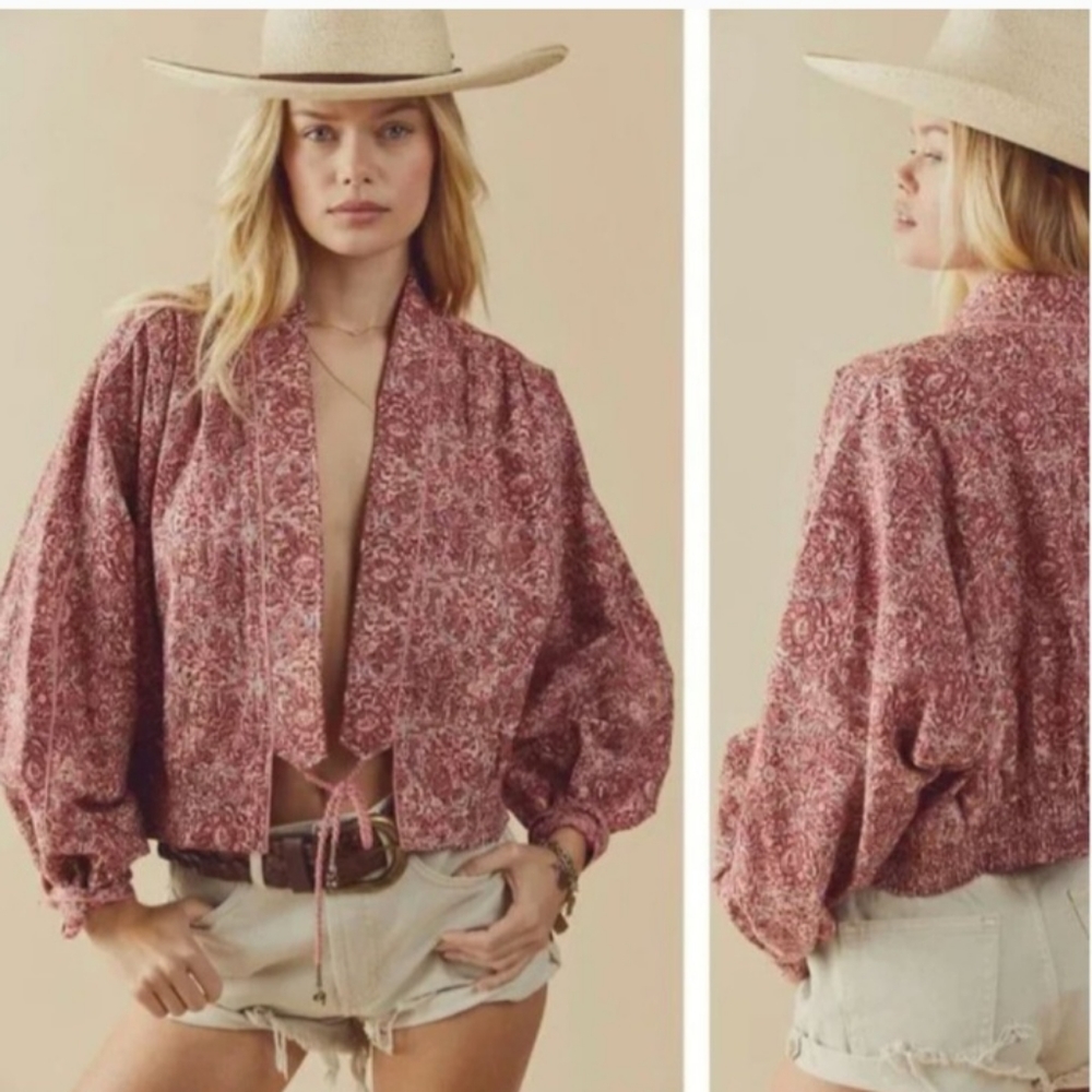 NWOT Free People Rosalina Jacket in Mocha Combo with Front Tie and Bells